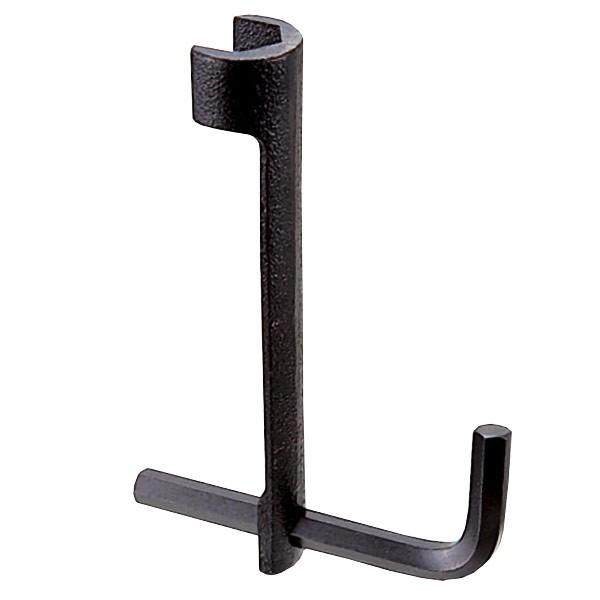 台付混合栓や立水栓の取付け・取り外し工具です。ハンドルは対辺12ミリの六角スパナとしてご使用できます。材質：鋳鉄立水栓、二つ穴洗面器用混合栓のロックナット、接続用フクロナット締付け・取外し工具対辺23・25ミリ用六角スパナ：対辺12ミリ