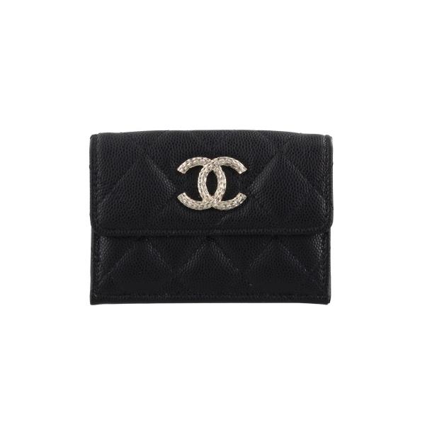 【希少】シャネル CHANEL ココマーク 二つ折り財布 レザー ブラック CHANEL シャネル ココマーク キャビアスキン レザー 二つ折り