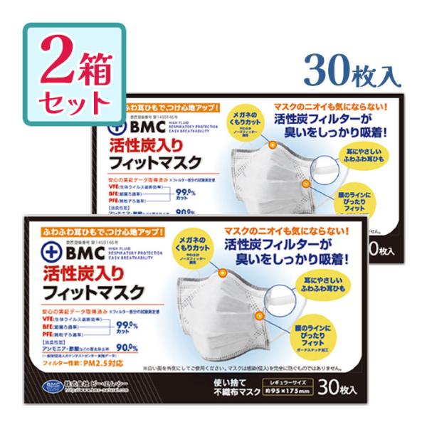 他サイト： BMC 活性炭入り フィットマスク 30枚入 2個セット レギュラーサイズ 大人用 プリーツ型の商品画像