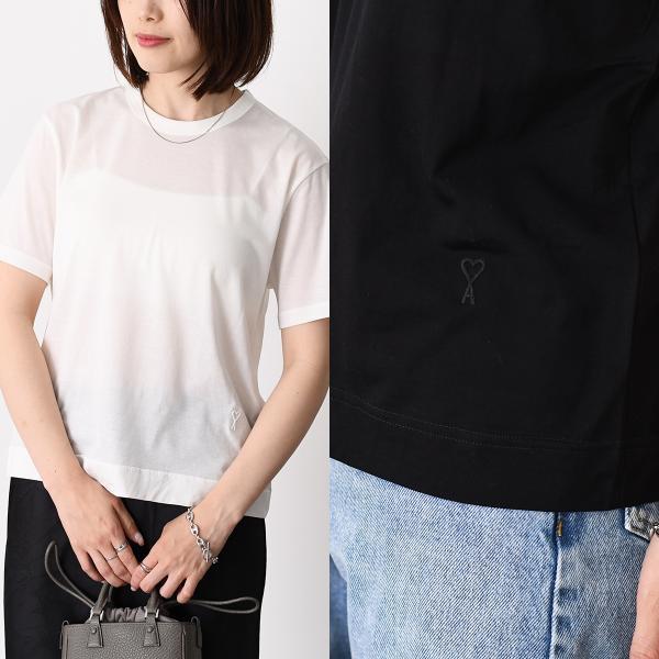 AMI PARIS アミパリス Tシャツ トップス シルケット加工ジャージー FTS373JE0211 レディース ホワイト ブラック コットン シースルー クルーネック 半袖