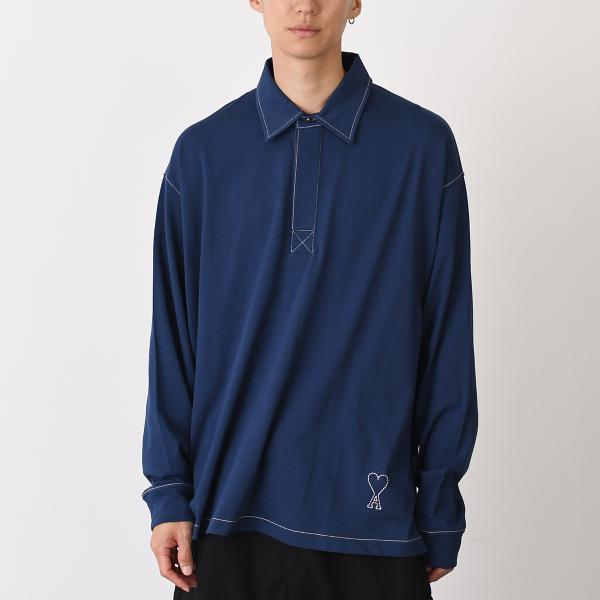 AMI PARIS アミパリス ポロシャツ トップス コットンジャージー ロングスリーブ HPL425 726 メンズ ユニセックス ネイビー コットン ハートA刺しゅう