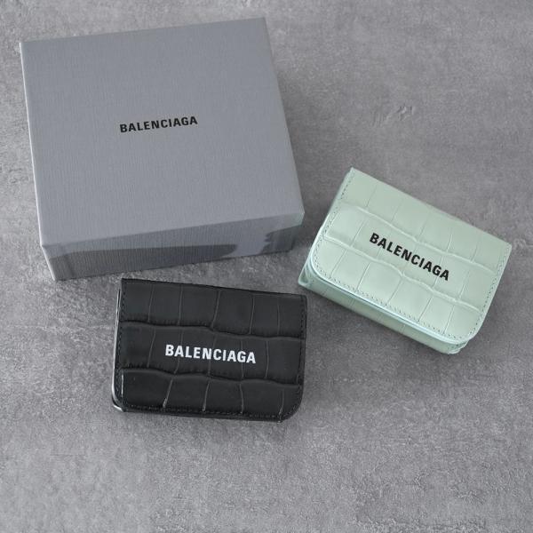 BALENCIAGA バレンシアガ 財布 ミニ財布 三つ折り クロコ 型押し 593813 1LRR3 ミニウォレット ユニセックス ブラック  ダークグレー グリーン ギフト おすすめ