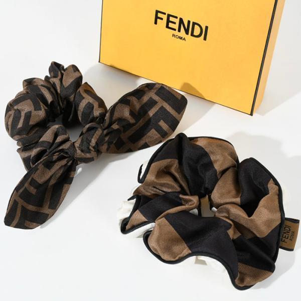 FENDI フェンディ FFロゴ シルク ヘアゴム 2点セット シュシュ リボン FXT268ADG0F1BWS BROWN ブラウン  ヘアアクセサリー ペカンストライプ パターンモチーフ