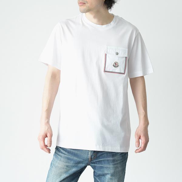 MONCLER モンクレール Tシャツ トップス 半袖 ナイロンポケット 8C000568390Y メンズ トリコロール アップリケ 白 ホワイト  春夏 おすすめ