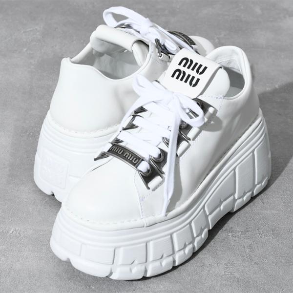 MIU MIU ミュウミュウ シューズ スニーカー 5E679D 085 レザー レースアップ ダービーシューズ レディース ホワイト 厚底 ロゴ  カジュアル 人気