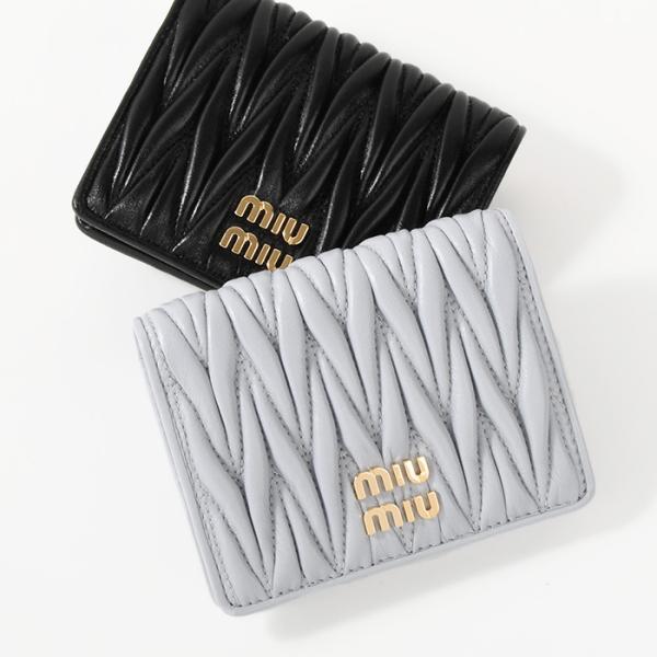 MIU MIU 三つ折り財布 マテラッセ ロゴ ビジュー ブルーグレー miu miu（ミュウミュウ） マテラッセ 三つ折り財布 5MH033 ブルー