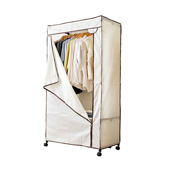 他サイト： ドウシシャ ハンガーラック カバー付き ワードローブ 大容量 頑丈 全体耐荷重16kg キャスター付き 棚 収納付き 白 アイボリー 幅90×奥の商品画像