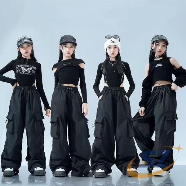黒系 ダンス衣装 女の子 トップス 長袖 キッズ セットアップ へそ出し カーゴパンツ シェンヘン ロングパンツ 子供服 ヒップホップ ゆったり ダンス ベビー