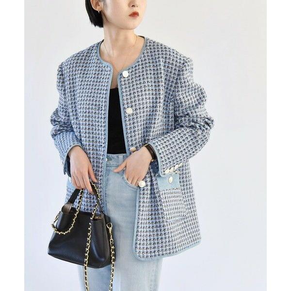 【最終価格】quaranciel SHIPS ツイード ノーカラー ジャケット SHIPS（シップス） quaranciel: ブルー ツイード ノーカラー