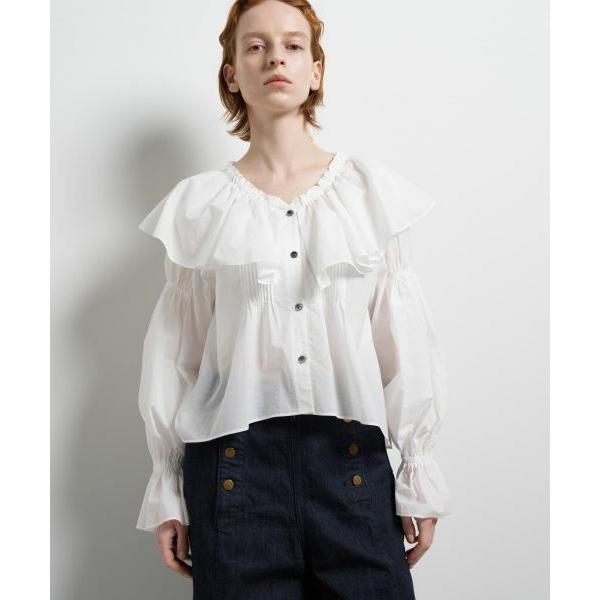 美品 ランバンオンブルー 2万 ペプラムブラウス ホワイト ギャザーブラウス LANVIN en Bleu / ランバン オン ブルー ギャザーフリルブラウス