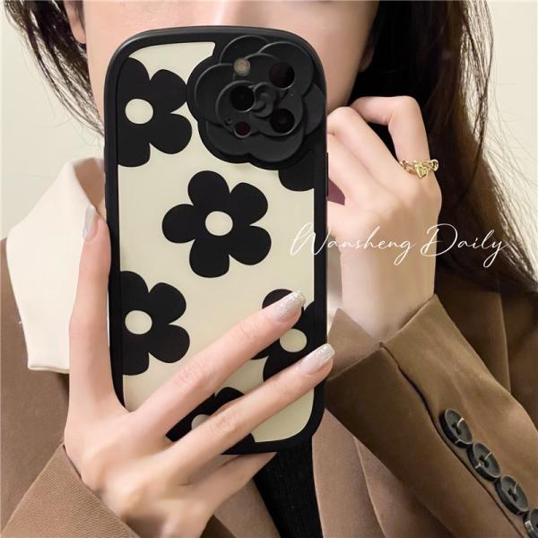 iPhone ケース カバー 11 12 13 レディース 黒花 花柄 TPU 耐衝撃 大人 かわいい 落下防止 ストラップ ワイヤレス充電可能 Qi 立体 3D 韓国