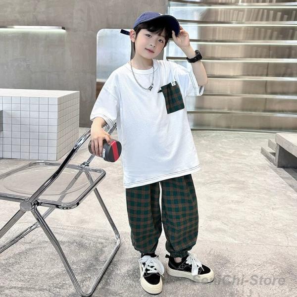子供服セットアップ キッズ 男の子 春夏 2点セット 上下セット 半袖 英字 Tシャツ+チェック柄 九分丈パンツ ジュニア カジュアル 可愛い おしゃれ 普段着 通学着