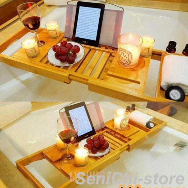 入浴中快適に過ごせるバスタブトレーです。普通タイプ（15.5x70cm）   伸縮式　(70-105.5)x22cm伸縮式ですのでご家庭のバスタブサイズに合わせてご使用いただけます。どんなバスタブも使えます。●グラスホルダー、タブレットスタ...