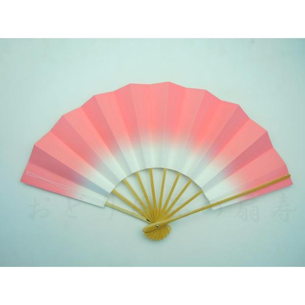 舞扇子　あけぼのぼかしピンク、白竹骨シンプルですが飽きの来ないデザインで、昔からイベントや日本舞踊の稽古用、祭り、団体踊りなどに人気のある商品です。長さ/約29cm。広がり/約50cm。扇骨/白竹。扇面/両面同じ柄。9寸5分標準的なサイズの...
