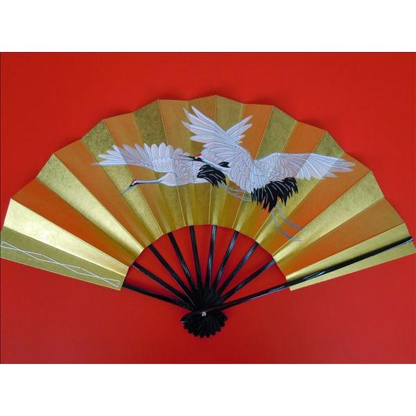 舞扇子 日本舞踊・踊り用 29cm 二羽鶴、金地、手書き 黒塗骨 箱 舞扇子 日本舞踊・踊り用 29cm 二羽鶴、金地、手書き 黒塗骨 箱