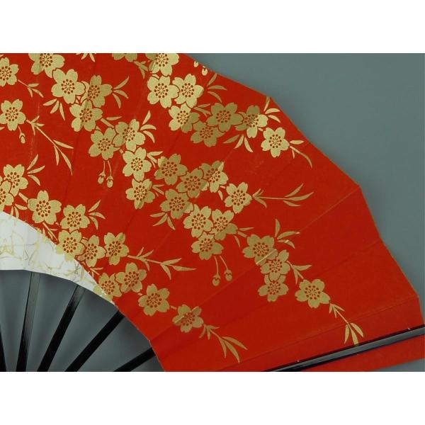 舞扇子 日本舞踊、踊り用 29cm 桜柄・いぶし金・赤・白 黒塗骨 日本製 