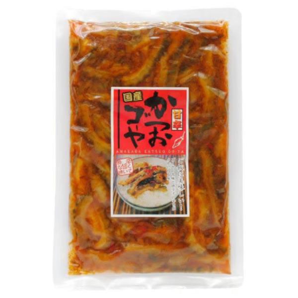 国産かつおとゴーヤを使用した甘辛いお漬物。ゴーヤの苦味と唐辛子の辛さがクセになるうまさ!