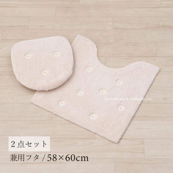 【商品詳細】＊トイレマット＊サイズ：約58×60cm(アールから手前約43cm)素材：ポリエステル100％裏面：滑りにくい加工原産国：インドネシア＊フタカバー＊フタのタイプ：兼用フタカバー(普通便座＆温水洗浄・暖房便座兼用)素材：ポリエステ...