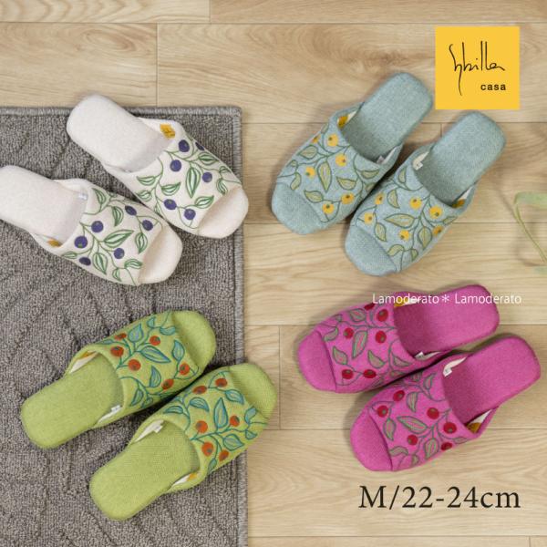 適応サイズ：約22〜24cm素材：（甲表・中板）ポリエステル　（甲裏）パイル/綿・地糸/ポリエステル　（底材）PVCカラー：ブルー・ベージュ・グリーン・ピンクカンボジア製ウォッシャブル（タンブラー乾燥はできません）ベリーの実のようなシンプル...