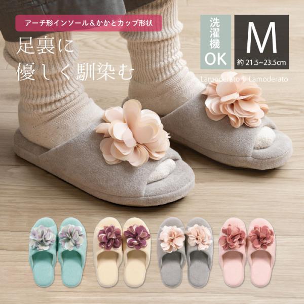 適応サイズ：（Mサイズ）約21.5〜23.5cm素材：（甲・中板）パイル/綿・地糸/ポリエステル　（花）ポリエステルカラー：ブルー・ベージュ・グレー・ピンク中国製ウォッシャブル (タンブラー乾燥はできません)ふんわり揺れる花モチーフが大人か...