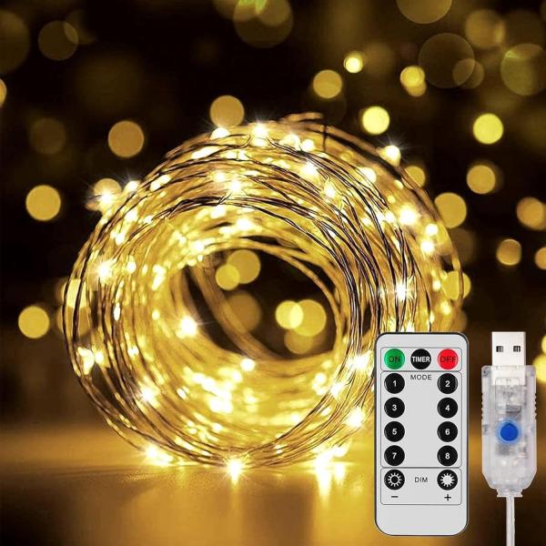 ledイルミネーションライト 100球 10m 電球色 点灯８パターン  リモコン付 USB式 キャンプ デコレーションライト 部屋 防水 ストリングライト クリスマスツリー