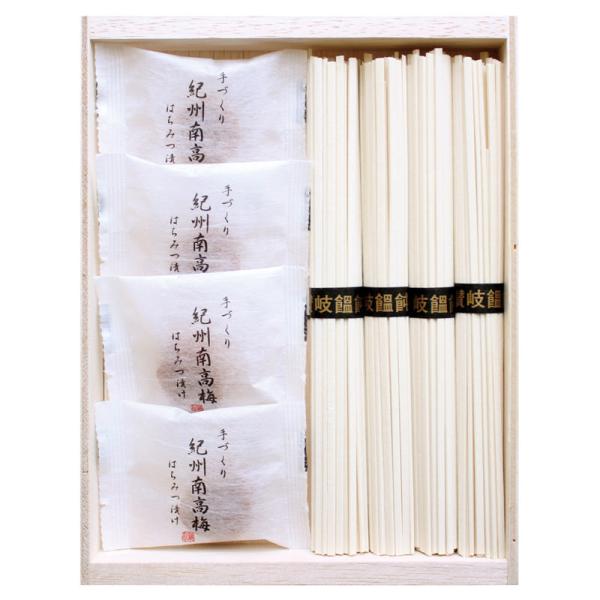 日本一の梅の里、和歌山の肉厚で皮が柔らかい最高級の紀州南高梅のはちみつ漬けと讃岐うどんの詰合せです。●箱サイズ:21.3×16.2×2.6cm●箱入重量:0.3kg●セット内容:セット内容/紀州南高梅はちみつ漬け・讃岐うどん（50g）×各4...