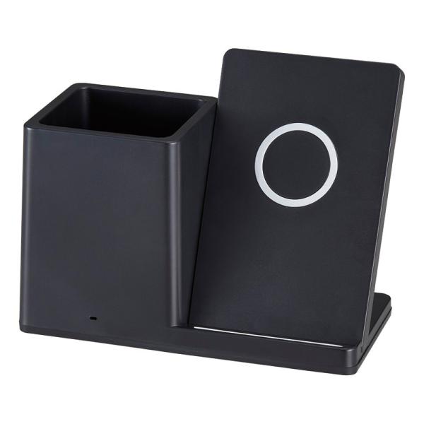 Qi対応のスマートフォンを置くだけで充電が出来るペンホルダー付ワイヤレス充電器です。背面にUSBポートも1つ付いており、ワイヤレス充電に対応していないスマートフォンも充電可能です。●商品サイズ:15×7.5×11.5cm●箱サイズ:15.5...