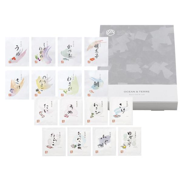 ●箱サイズ:24.5×19×3cm●セット内容:贅沢茶漬け（たい・うめ・わさび・さけ・たらこ・ちりめん山椒・ふぐ・ゆずこしょう）・ふりかけ（うめ・しそわかめ・かつお・明太子・さけ・のりたまご・わさび・鯛）×各1●賞味期限:常温8ヶ月●アレル...