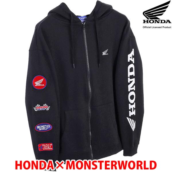HONDA×MONSTER WORLD ZIPパーカー A ブラック サイドポケット フード付 刺繍 長袖 裏毛仕様スウェット生地 メンズ レディース ホンダ コラボ 51882801