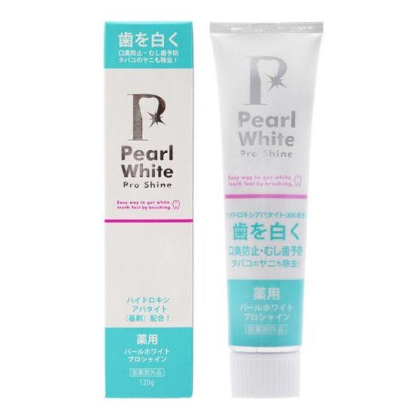 健康的な白い歯の為に薬用パールホワイトプロシャイン!ハイドロキシアパタイト、ポリリン酸ナトリウム配合。歯を白く、口臭予防・虫歯予防・タバコのヤニ除去。薬用の力で、より白く、より健康的でキレイな笑顔に。内容量：120g