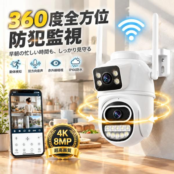 防犯カメラ 屋外 ワイヤレス WiFi 8MP4K デュアルレンズ 暗視 フルカラー 人体検知 動体検知 自動追跡 双方向音声 IP66防水 スマホ連動 遠隔監視 PTZ 監視カメラ