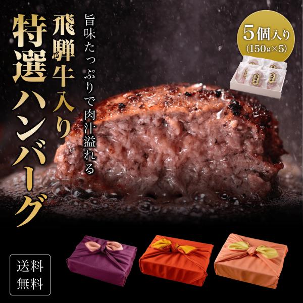 プレゼント ギフト 送料無料 熨斗対応可 飛騨牛入り ハンバーグ 木箱 風呂敷包み 【150g×5個】 特選 ギフト 贈り物 黒毛和牛 牛肉 国産和牛