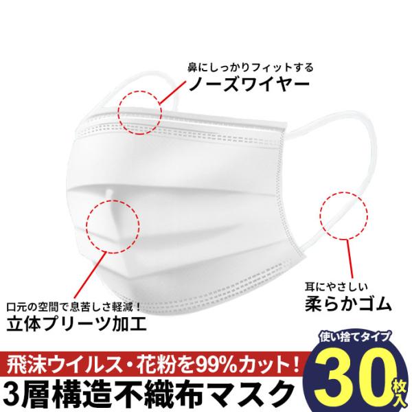 マスク 30枚 箱 使い捨て 白 ホワイト 3層構造 ウイルス 対策 予防 花粉 風邪 大人用 不織布 プリーツ ノーズワイヤー 飛沫感染 防止 ウイルス 対策