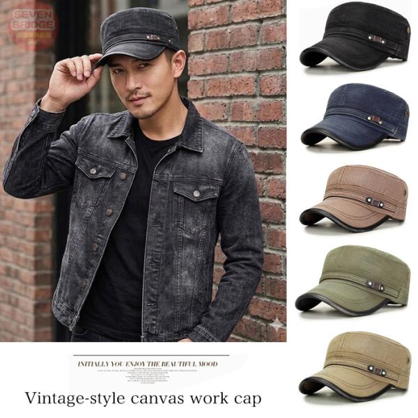 ワークキャップ 帽子 メンズ ヴィンテージ 風 ミリタリーキャップ キャンバス PUレザー ゴルフ アウトドア アメカジ 男女兼用 h0653