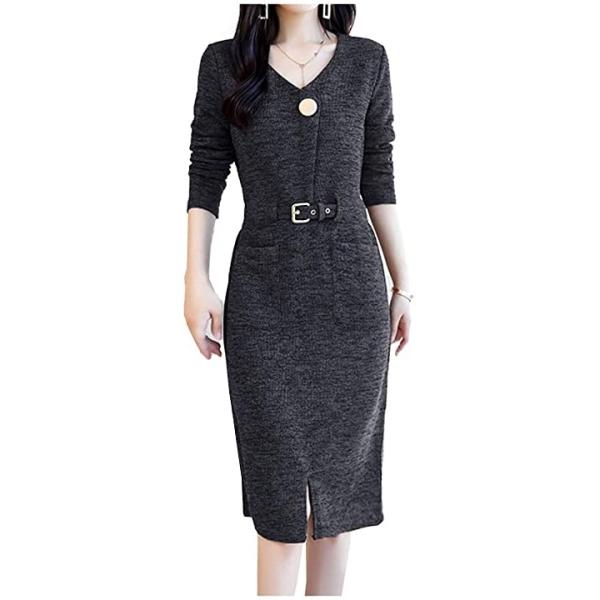 グリーンティー 春ワンピ ワンピース 長袖 ライト ニット ひざ丈 大人 レディース Xl ボタン 迅速な対応で商品をお届け致します ベルト 薄 グレー ユッタリ ウエスト