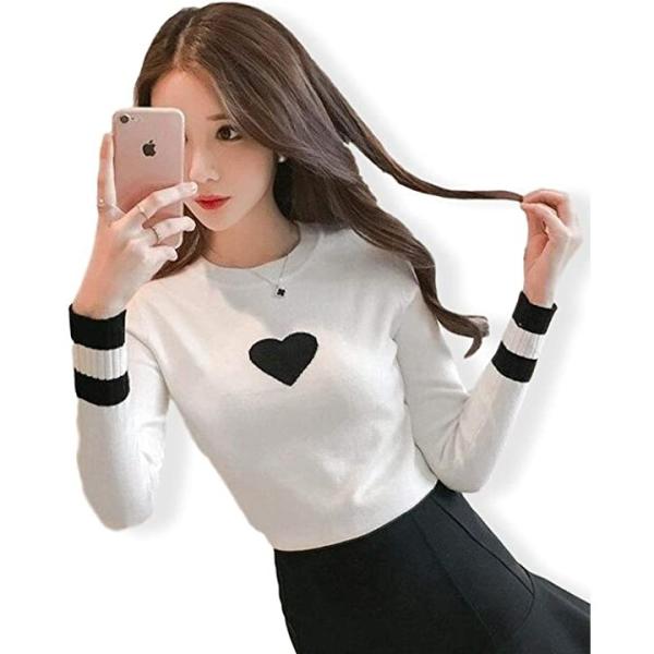 モテかわ レディース ニット カットソー 長袖 トップス 当店限定販売 ハート Size Free ホワイト おしゃれ ラウンドネック 柄 トレーナー