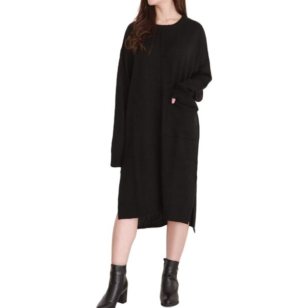 スリーピングシープ 40 Offの激安セール ふんわり やわらか サイドスリット ニットワンピース ロングワンピ クールネック レディース ブラック M L ワイン