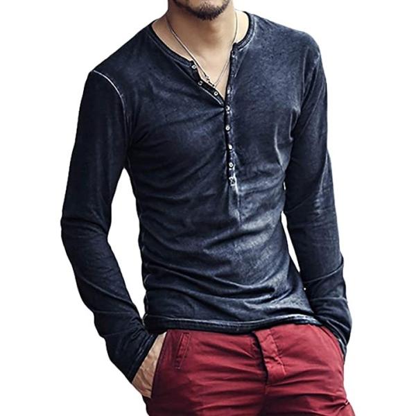 ヘンリーネック ビター系 カットソー ちょい悪ファッション Salenew大人気 ヴィンテージ風 大人 カジュアル ネイビー シャツ トップス ラフ 長袖 Xl