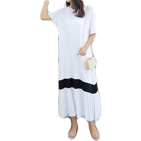 ベイブスター 期間限定特価品 レディース ロング ワンピース 半袖 シンプル フレア マキシ丈 ホワイト ゆったり スカート ミモレ ワンポイント マキシ