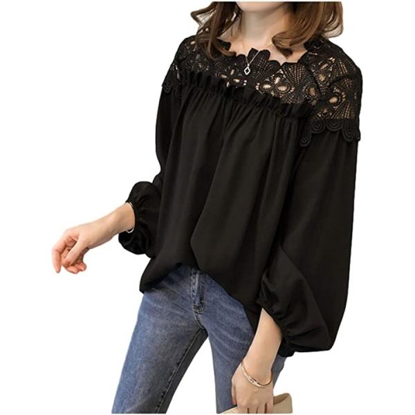 ビーエヌワン Bn45 Blk Xxxl ブラウス とろみ シャツ 通販 激安 オフィス パフ ブラック スリーブ 3xl レディース 刺繍 レース