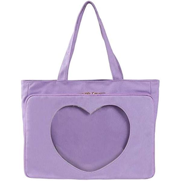 魅せトート トートバッグ 痛バッグ 透明 ビニール ハート スクエア 缶バッチ パープル バック 痛いバッグ かばん 上等 おたく 両面