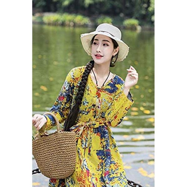 カラフル 幾何学模様 毎日続々入荷 リゾート ワンピース 長袖 ロング丈 マタニティ M トラベル レディース 総柄プリント イエロー