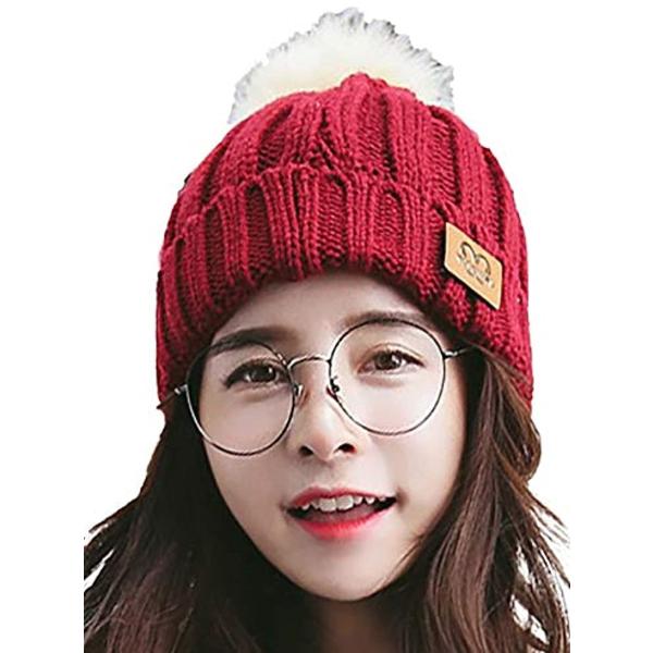 キャプテン ケイ 可愛いポンポン あったかニット帽 キャンペーンもお見逃しなく ケーブル編み レディース ワインレッド ニット帽子 ポンポン付き 防寒対策 Free