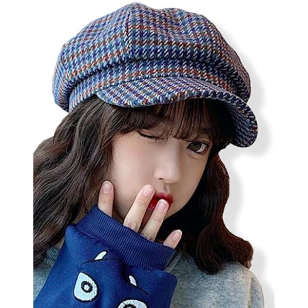 当店限定販売 レディース キャスケット チェック 柄 キャップ 帽子 ハンチング 冬 オシャレ 春 Free 秋 カワイイ おしゃれ ブルー Size
