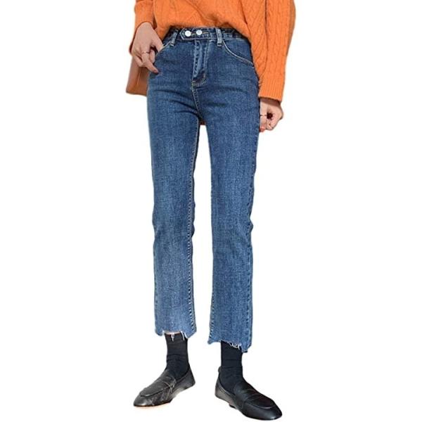 お洒落 ノギ裾 ダメージ加工 スキニー パンツ カラー デニム レディース カジュアル M ボトムス ジーンズ Mズボン 美脚 インディゴ 破れ