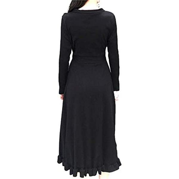 本店 ロング ワンピース 薄手 リブ生地 長袖 ブラックワンピース レディース しわにならない ドレス 服 旅行 ブラック 韓国 おしゃれ M