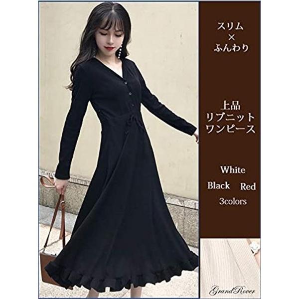 ロング ワンピース 薄手 リブ生地 長袖 ドレス 海外限定 可愛い かわいい 甘い セクシー 喪服 ブラック L 40代 カジュアル ハイウエスト