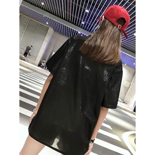 Tシャツ 半袖 ゆったり 無地 キラキラ ダンス トップス レディース 黒いtシャツ Tシャツ黒 ブラック 半袖tシャツ Xl 選択 黒tシャツ