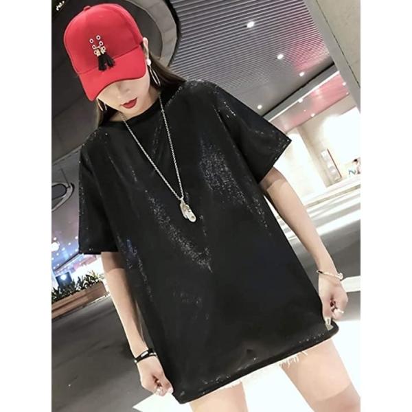 Tシャツ 半袖 ゆったり 無地 キラキラ ダンス トップス レディース 黒いtシャツ Tシャツ黒 ブラック 半袖tシャツ Xl 選択 黒tシャツ