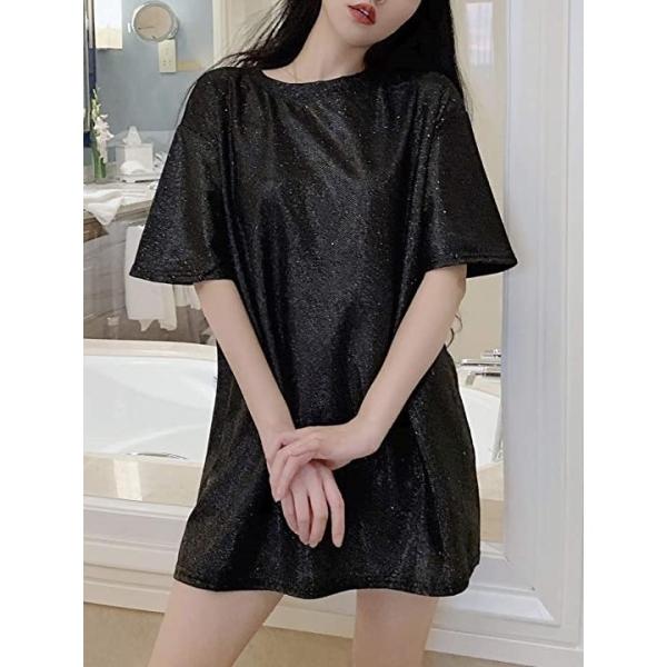 Tシャツ 半袖 ゆったり 無地 キラキラ ダンス トップス レディース 黒いtシャツ Tシャツ黒 ブラック 半袖tシャツ Xl 選択 黒tシャツ